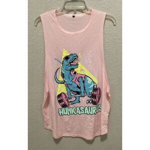 Pink Sleeveless Tank Top With "Hunkasaurus" Dinosaur Graphic Design Size L